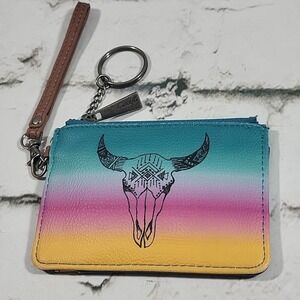 Catchfly Coin Purse Card Holder Western Skull Multicolor Print Zippered Wallet